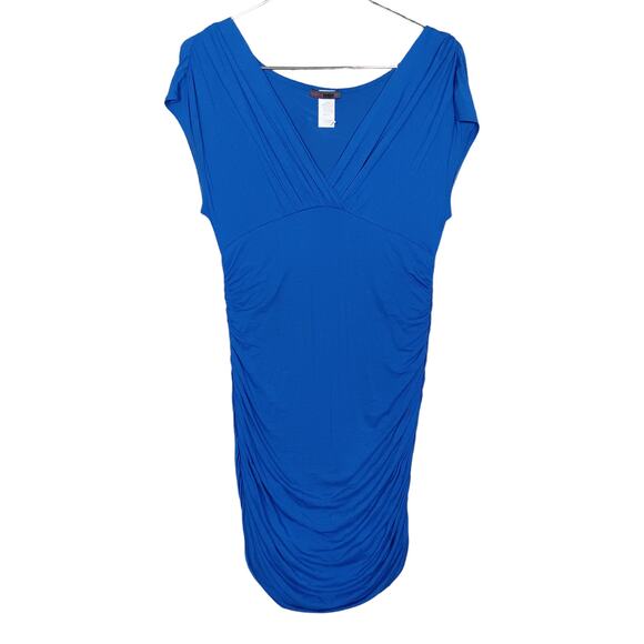 Joyce Leslie Shirred Bodycon Dress Size Large Blue Pluging V Neck Pullover Slit - Picture 5 of 10